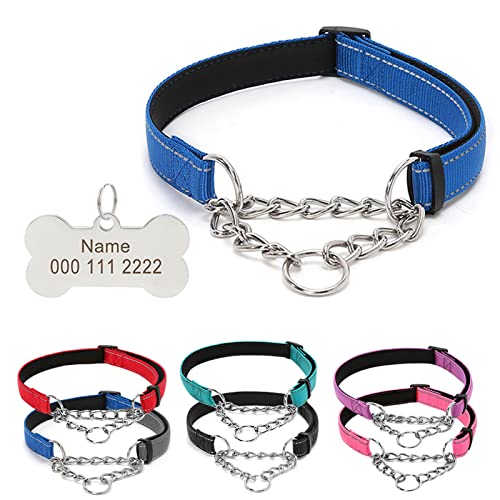TONYFY Reflektierende Nylon-Hundehalsbänder mit Edelstahl-Kette, Personalisiertem Graviert Namen Tags, Verstellbares Halsbänder für Haustiere, für Welpen Kleine Mittlere Große Hunde (Blau, S) von TONYFY