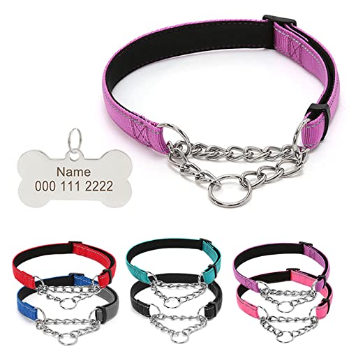 TONYFY Reflektierende Nylon-Hundehalsbänder mit Edelstahl-Kette, Personalisiertem Graviert Namen Tags, Verstellbares Halsbänder für Haustiere, für Welpen Kleine Mittlere Große Hunde (Lila, L) von TONYFY