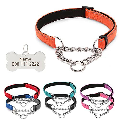 TONYFY Reflektierende Nylon-Hundehalsbänder mit Edelstahl-Kette, Personalisiertem Graviert Namen Tags, Verstellbares Halsbänder für Haustiere, für Welpen Kleine Mittlere Große Hunde (Orange, M) von TONYFY