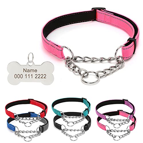 TONYFY Reflektierende Nylon-Hundehalsbänder mit Edelstahl-Kette, Personalisiertem Graviert Namen Tags, Verstellbares Halsbänder für Haustiere, für Welpen Kleine Mittlere Große Hunde (Rosa, M) von TONYFY
