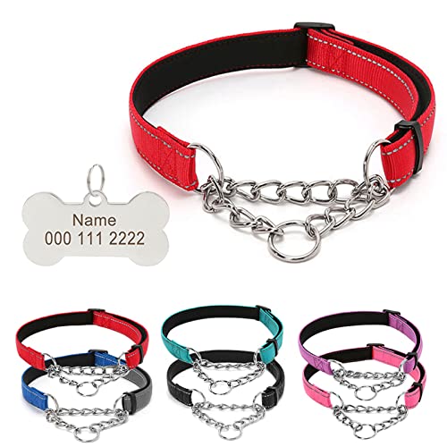 TONYFY Reflektierende Nylon-Hundehalsbänder mit Edelstahl-Kette, Personalisiertem Graviert Namen Tags, Verstellbares Halsbänder für Haustiere, für Welpen Kleine Mittlere Große Hunde (Rot, S) von TONYFY