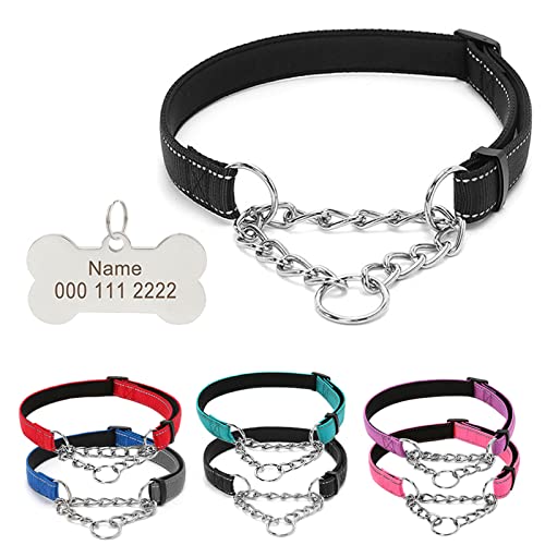 TONYFY Reflektierende Nylon-Hundehalsbänder mit Edelstahl-Kette, Personalisiertem Graviert Namen Tags, Verstellbares Halsbänder für Haustiere, für Welpen Kleine Mittlere Große Hunde (Schwarz, L) von TONYFY