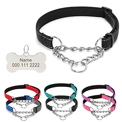 TONYFY Reflektierende Nylon-Hundehalsbänder mit Edelstahl-Kette, Personalisiertem Graviert Namen Tags, Verstellbares Halsbänder für Haustiere, für Welpen Kleine Mittlere Große Hunde (Schwarz, M) von TONYFY