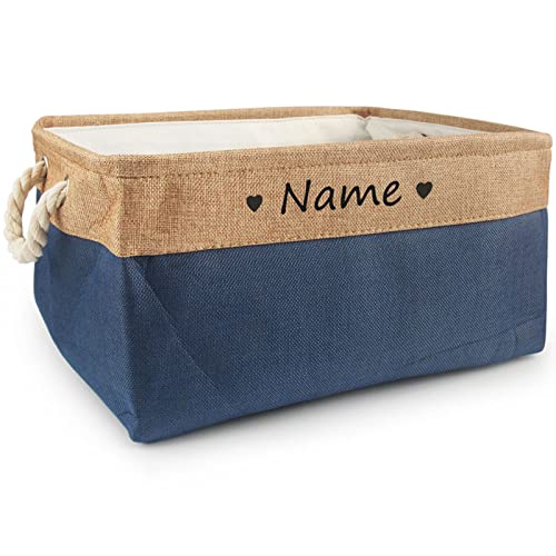 TONYFY Zusammenklappbarer Hundespielzeug-Aufbewahrungskorb mit Personalisiertem Haustiernamen und Gewebtem Seilgriff, Zum Aufbewahren von Hunde Katzen Zubehör, Haustierbedarf (Herz-Dunkelblau) von TONYFY