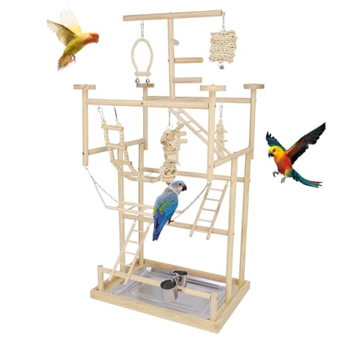 TOOSOAR Vogelspielplatz aus Holz,mit Edelstahl-Feeder-Cup,Bunte Kunststoffkette für Haustiere,für Papageien und andere Vögel,95 * 48 * 33.5cm von TOOSOAR