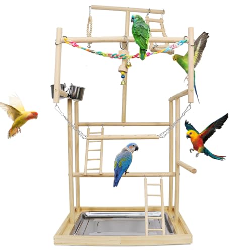 TOOSOAR Vogelspielplatz aus Holz,mit Edelstahl-Futterbechern,Bunte Kunststoffkette für Haustiere,für Papageien und andere Vögel von TOOSOAR