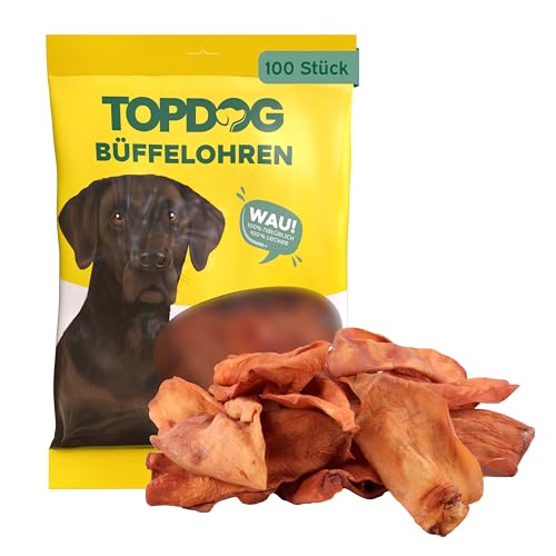 Topdog Büffelohren für Hunde 100 Stück - Wie Rinderohren - Ganze getrocknete Rinderohren für Hunde ohne fettige Muschel - 100% natürlich - Knabberohren mit Kauspaß, Genuss und Pflege von TOP DOG Heimtiernahrungs GmbH