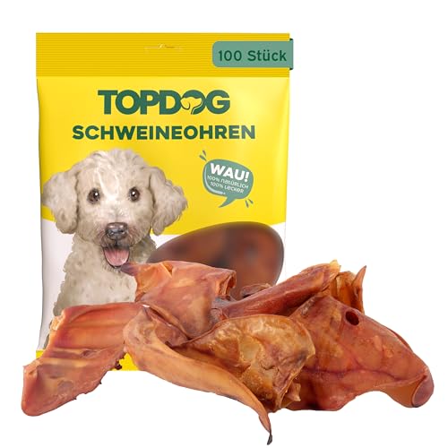Topdog XL Schweineohren Hunde 100 Stück - Ganze getrocknete Schweineohren für Hunde ohne fettige Muschel - 100% natürlich aus Deutschland - Langanhaltender Kauspaß mit Genuss und Pflege von TOP DOG Heimtiernahrungs GmbH