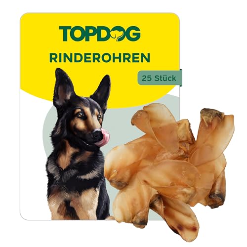 Topdog Rinderohren für Hunde 25 Stück - Ganze getrocknete Ohren aus Deutschland - ohne fettige Muschel - 100% natürlich - Langes Kauvergnügen mit Geschmack und Pflege von TOP DOG Heimtiernahrungs GmbH