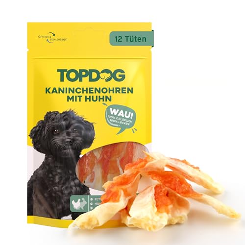 Topdog Kaninchenohren für Hunde 12 x 70g - Ohne Fell - Getrocknete Hasenohren mit Hühnchenfilet - 100% natürlich ohne Zusatzstoffe und fettarm - Idealer Kausnack mit intensivem Geschmack von TOP DOG Heimtiernahrungs GmbH