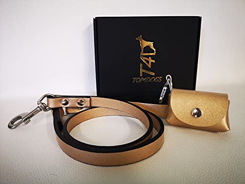 TOP4DOGS® Leine mit Beutelhalter, Halsband für Hunde aus echtem Leder, hergestellt in Italien, Farbe Aurum (Gold) von TOP4DOGS