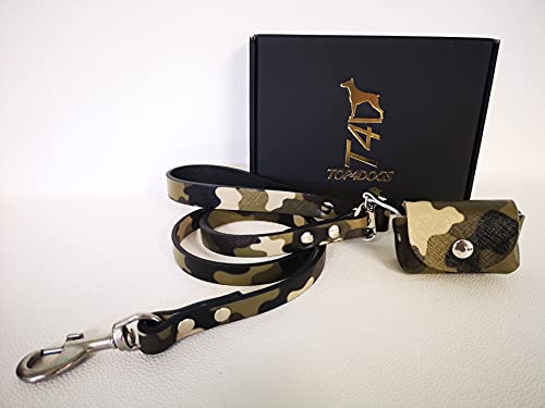 TOP4DOGS® Leine mit Beutelhalter, Halsband für Hunde aus echtem Leder, hergestellt in Italien, Farbe Militär von TOP4DOGS