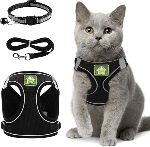 Verstellbares Katzengeschirr Ausbruchsicher, Verstellbares Katzen Geschirr Mit Leine, Weichem Innenfutter Und Atmungsaktivem Mesh, Reflektierend Geschirr Set FüR Outdoor Training Gehen, XS (Schwarz) von TOPBELIEF