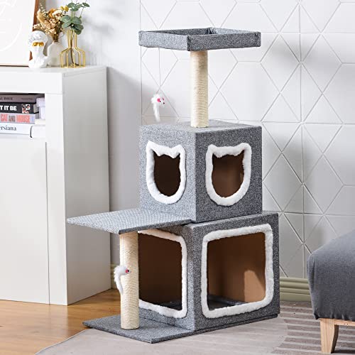 Kratzbaum 106cm Katzenturm Aktivitätszentrum mit Sisal Kratzstämmen / Höhle / baumelndes Spielzeug / Aussichtsplattform Groß Katzenbaum Katzenkletterturm für Indoor Katzen von TOPCHANCES