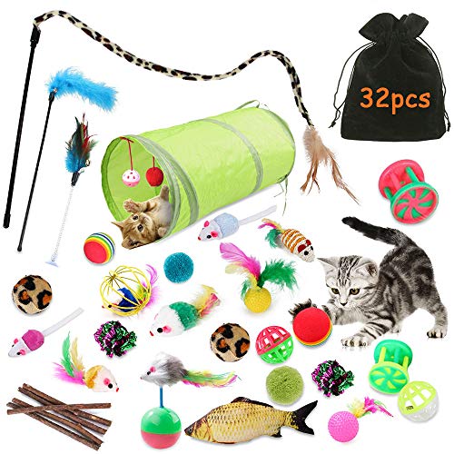 TOPSEAS Katzenspielzeug,32 Stück Katzenspielzeug Set mit Katzentunnel,Bälle,Federspielzeug,Plüschspielzeug,Spielzeugmäuse,Katzen Spielzeug Variety Pack für Kitty von TOPSEAS