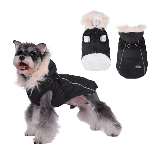 TOPSOSO Hundejacke Winterweste Daunenjacke Hoodie mit Geschirr Doppelte D-Ring Hundemantel für Hunde Winter Reflektierender Streifen Hundewinterjacke Reißverschluss für Mittlere Hunde(Schwarz XXL) von TOPSOSO