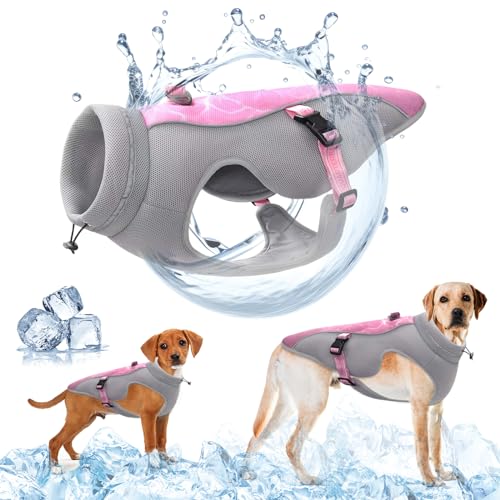 Verbesserte Hundekühlweste mit Geschirr D-Snap, verstellbaren Gurten, Reflexstreifen - Sonnenschutz, atmungsaktives Mesh, Jacke für kleine, mittlere und große Hunde, Rosa, XL von TOPSOSO