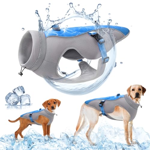 Verbesserte Hundekühlweste mit Sonnenschutz - Atmungsaktive Mesh-Weste für Hunde - Reflektierende Streifen, verstellbare Gurte, mit D-Snap-Geschirr - Ideal für kleine, mittlere und große Hunde, Blau von TOPSOSO