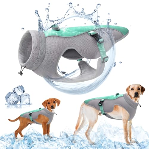 Verbesserte Hundekühlweste mit Sonnenschutz - Atmungsaktive Mesh-Weste für Hunde - Reflektierende Streifen, verstellbare Gurte, mit D-Snap-Geschirr - Ideal für kleine, mittlere und große Hunde, Grün von TOPSOSO