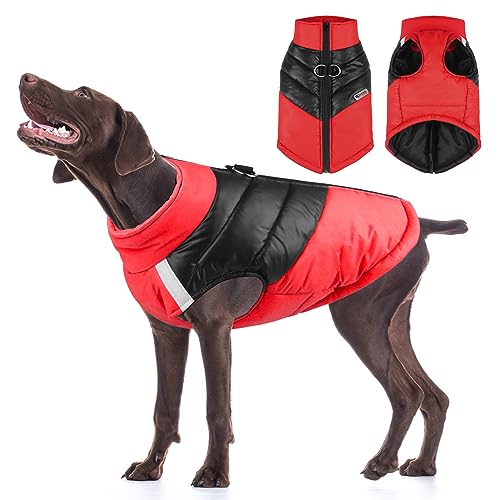 Wasserdichter Hundemantel Warme Jacke für Haustiere Winterweste Winddichte Hundekleidung für kaltes Wetter Outfit Mit Reflektierendem Sicherheitsstreifen & Geschirr D-Snap für mittelgroße Hunde, Rot von TOPSOSO