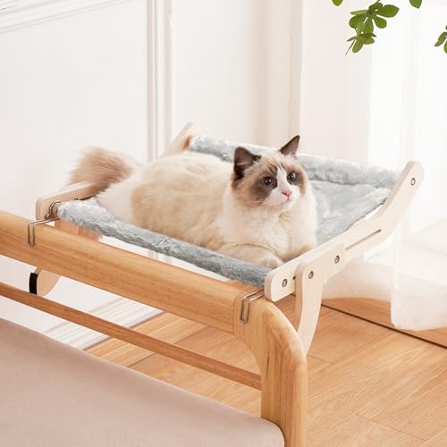 TOTHDATE Katzenfenstersitz für Indoor-Katzen, Katzenfensterstange aus Holz, große Katzenfensterhängematte für Fensterbänke, Nachttische, Balkon, grauer Plüsch von TOTHDATE