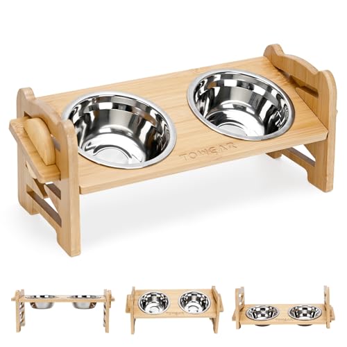 Erhöhter Hundenapf, erhöhte Hundenäpfe, 6-stufig verstellbar, erhöht, Bambus-Hunde-Futternapf, 2 Edelstahl-Futternäpfe mit Ständer für kleine Katzen und Hunde, erhöhte Futterspender (S1) von TOWEAR