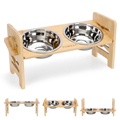 Erhöhter Hundenapf, erhöhte Hundenäpfe, 6-stufig verstellbar, erhöht, Bambus-Hundefutterstation, 2 Edelstahl-Haustiernäpfe, Hundenäpfe mit Ständer für Hunde und Katzen, erhöhte Futterspender (M) von TOWEAR