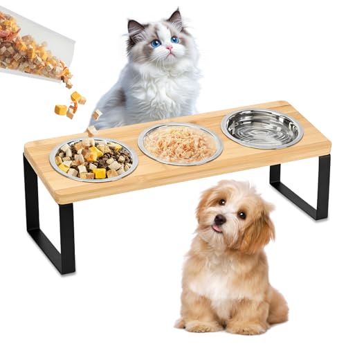 Erhöhter Katzennapf mit Ständer, 15° geneigte Edelstahlnäpfe 3er Set - Erhöhte Futterstation für Katzen & kleine Hunde, Anti-Erbrochenes, Bambusbasis, leicht zu reinigen von TOWEAR