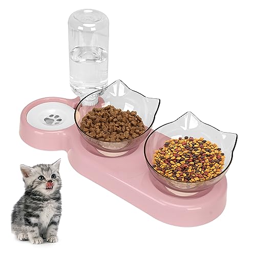 Neigbarer 15° Katzennapf, abnehmbarer verstellbarer Katzenfutternapf mit Ständer, Katze schwimmender Wassernapf mit Schwerkraft-Wasser-Futterspender, Anti-Verschütten Haustierfutter Futternapf für von TOWEAR