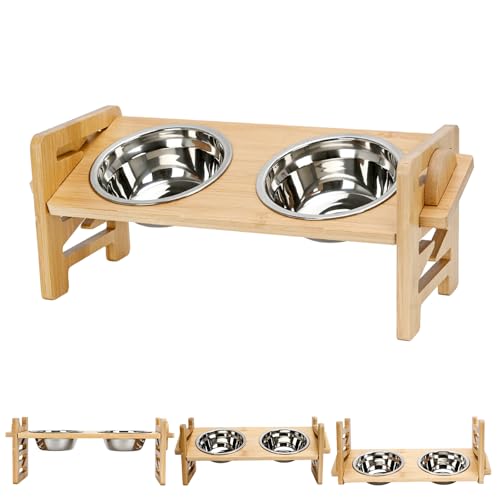 TOWEAR Hundenapf Langsames Füttern Hundenapf, 6-stufig Einstellbar Erhöhtes Design, Bambus Hund Futterstation, 2 Edelstahl Hundenapf Hundenäpfe für Kleine Katze und Hund Erhöhte Futterspender (S) von TOWEAR