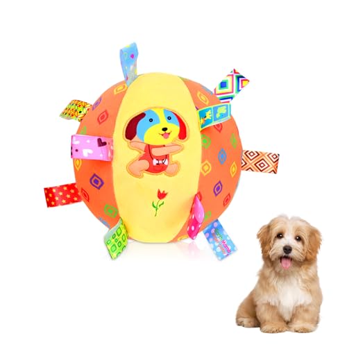 TOWEAR Interaktives Hundespielzeug mit Nylonlaschen, weiches Plüschspielzeug, klingelnder Ball für kleine und mittelgroße Rassen, Kauspielzeug für drinnen und draußen (orange) von TOWEAR