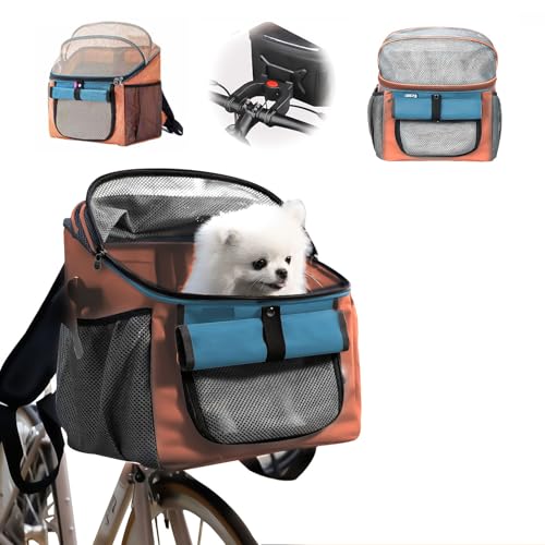 Fahrradkorb für Hunde, Fahrradtasche für Haustiere Faltbarer Fahrradkorb Vorne für Hunde 2 IN 1 Faltbar Hundekorb Hunderucksack mit Lenkeradapter für kleine Haustier (Tragfähigkeit 5KG) (Orange) von TOWEBOORY