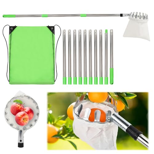 TOWEBOORY 4M Obstpflücker mit Teleskopstiel, Apfelpflücker mit Baumwollbeutel Diameter 16 cm Kirschenpflücker Pflaumenpflücker Obstgreifer Einfach zu Montieren für Ernteernte Apfel Zitrus Birnen von TOWEBOORY