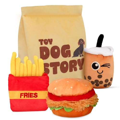 TOY DOG STORY Quietschspielzeug für Hunde, 4-in-1-Plüschtier-Set, niedliches Hundespielzeug mit verspielter Tasche, Spielzeug für kleine und mittelgroße Hunde, Burger, Pommes Frites und TOY DOG STORY Quietschspielzeug für Hunde, 4-in-1-Plüschtier-Set, niedliches Hundespielzeug mit verspielter Tasche, Spielzeug für kleine und mittelgroße Hunde, Burger, Pommes Frites und von TOY DOG STORY