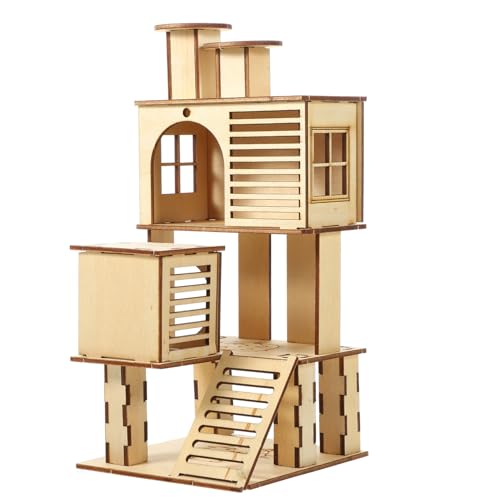 TOYANDONA Hamster Spielplatz aus Holz mit Gleitleiter Haustier Übungshaus für Hamster und Kleintiere Design und Entspannen Sicheres Nest für Kleine von TOYANDONA
