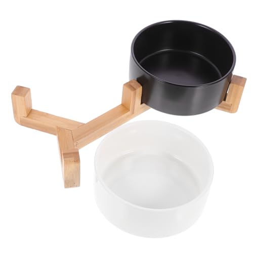 TOYANDONA Keramik Hundenapf mit Rutschfestem Holzständer Futternapf und Wassernapf Kombination Mittelgroß Strapazierfähiges Material Modernes Design für Katzen und Hunde von TOYANDONA