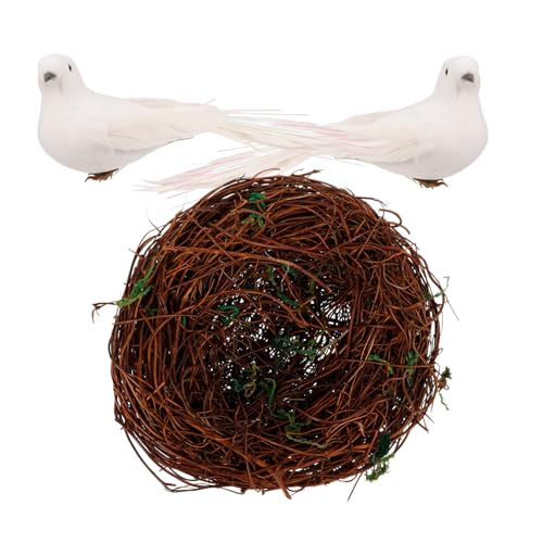 TOYANDONA Künstliches Vogelnest aus Geflochtenem Rattan mit Weißen Deko Vögeln Wetterfestes Vogelhaus Dekor für Garten Fotografie Requisiten DIY Bastelset Natürliche Nestgestaltung von TOYANDONA