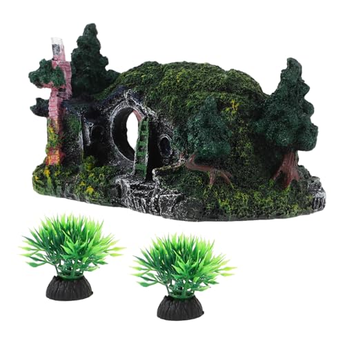 TOYANDONA Resin Aquarium Castle Ornament mit Pflanzen Fischversteck Höhle Widerstandsfähiges Aquariumhaus für Süßwasser Pflegeleichtes Hideout für Aquarien und Reptilienlebensräume von TOYANDONA