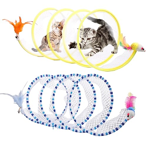 2stk Katzentunnel, 20cm Mittelgroßer Tragbarer Katzenspielzeug-Spiraltunnel mit Synthetischer Feder und Spielzeugmaus Tunnelfeder im Freien Welpen-Kätzchen-Generikum (Gelb, Gestreift Blau) von TOYMIS