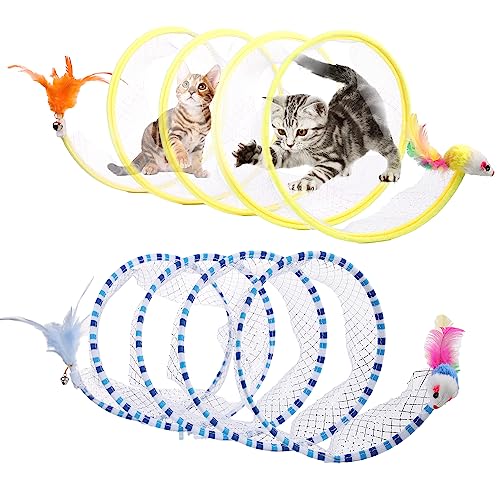 TOYMIS 2stk Katzentunnel, 20cm Mittelgroßer Tragbarer Katzenspielzeug-Spiraltunnel mit Synthetischer Feder und Spielzeugmaus Tunnelfeder im Freien Welpen-Kätzchen-Generikum (Gelb, Gestreift Blau) von TOYMIS