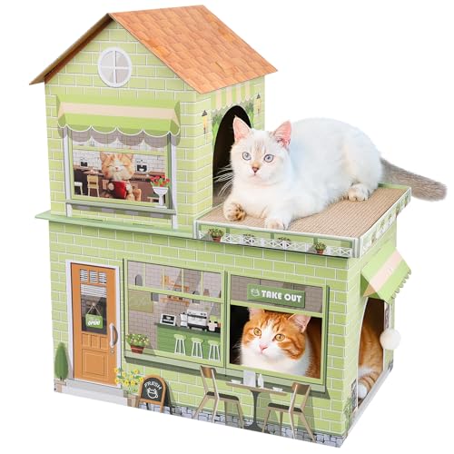 TOYSBOOM Katzenhäuser aus Karton für Indoor-Katzen – Kätzchen-Kratzhäuser & Höhlen, Café-Themen-Hüttenversteck Spielhaus Bett mit Kratzpads, Kratzbox für große Kätzchen, Kaninchen, Hasen, Kleintiere von TOYSBOOM