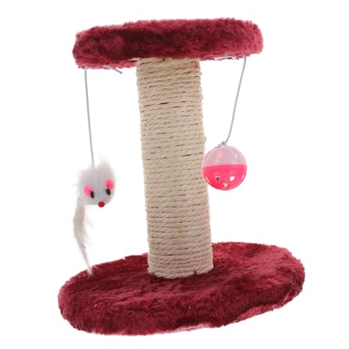 TOYZFRIENDY Kratzsäule Katzen Sisal Kratzbaum Doppelstöckig mit Hängenden Bällen Weicher Kratzpfosten für Innen Katzen Krallenpflege Strapazierfähig Weinrot von TOYZFRIENDY