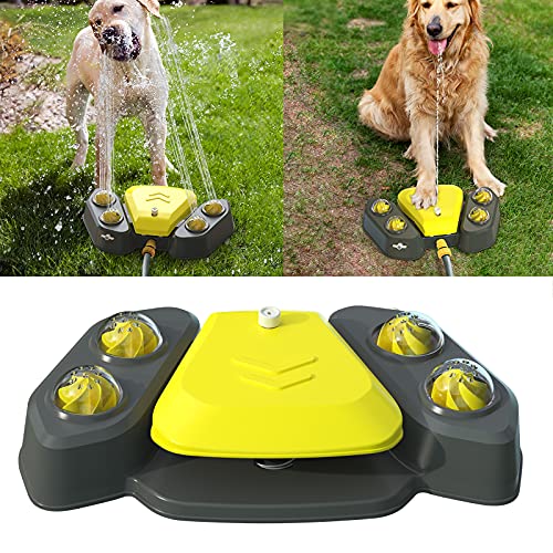 Wasser-Sprinkler für den Außenbereich, für Hunde, sicheres selbstbewässerndes Trinkbrunnen, für den Garten, Haustier-Badespielzeug, Kühlspielzeug, verstellbare Wasserausgabe, 4 Duschlöcher (gelb) von TPone