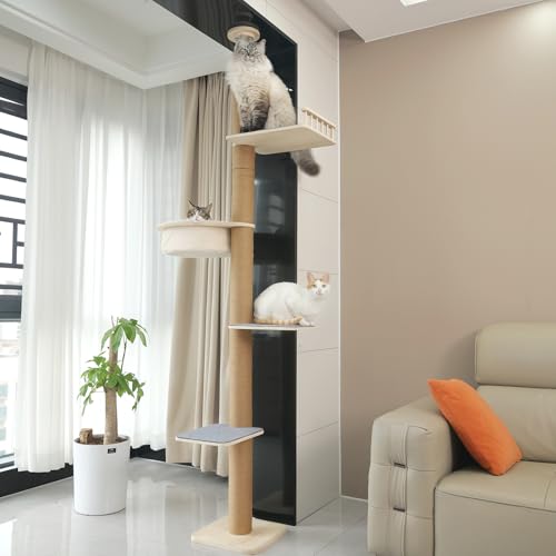 Katzenbaum vom Boden bis zur Decke, höhenverstellbar (152,4–289,6 cm), 4-stöckiger Kletterturm mit Zubehör, Katzen-Aktivitätszentrum mit Plüsch-Sitzstangen und extra großem Hängekorb von TQEW