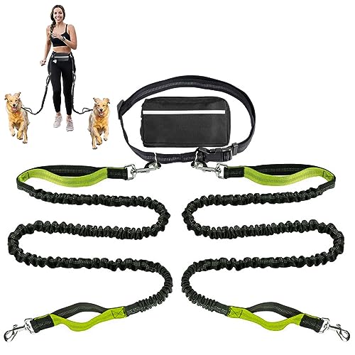 Doppelte Hundeleine, Multifunktionale Reflektierende Stiche Hände Frei Hundeleine Für Laufen Walking Jogging Training Wandern Mit Gürteltasche (Color : Green) von TQQEPOOL