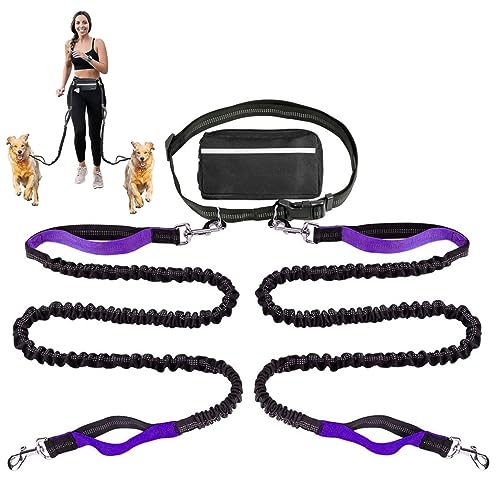 Doppelte Hundeleine, Multifunktionale Reflektierende Stiche Hände Frei Hundeleine Für Laufen Walking Jogging Training Wandern Mit Gürteltasche (Color : Purple) von TQQEPOOL