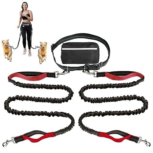 Doppelte Hundeleine, Multifunktionale Reflektierende Stiche Hände Frei Hundeleine Für Laufen Walking Jogging Training Wandern Mit Gürteltasche (Color : Red) von TQQEPOOL