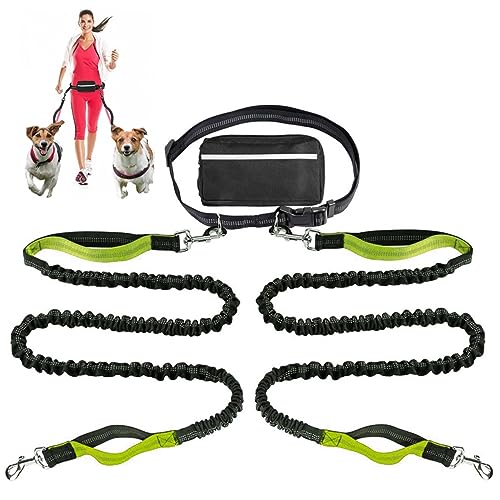 Retractable Hände Frei Hundeleine Mit Dual Bungees Für 2 Hunde, Verstellbare Gürtel Gürteltasche Für Running Walking Wandern Jogging Biking (Color : Green) von TQQEPOOL