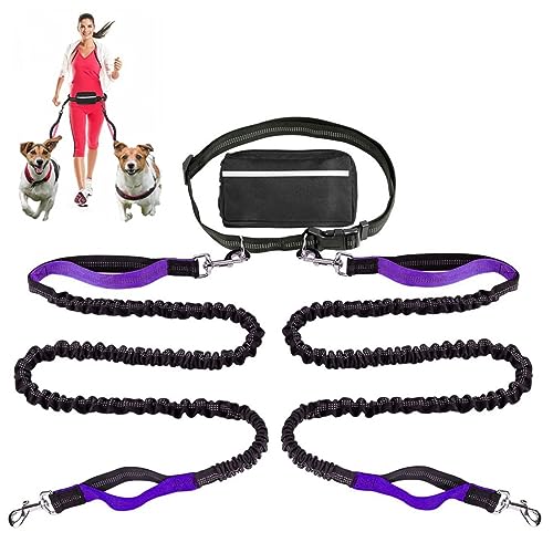 Retractable Hände Frei Hundeleine Mit Dual Bungees Für 2 Hunde, Verstellbare Gürtel Gürteltasche Für Running Walking Wandern Jogging Biking (Color : Purple) von TQQEPOOL