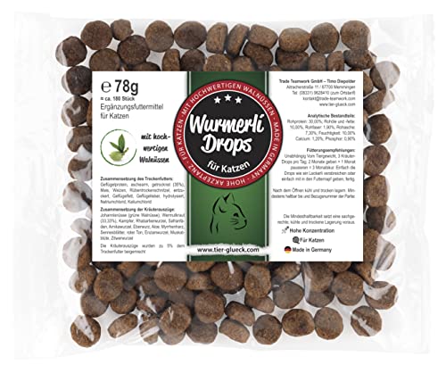 Trade Teamwork Wurmerli ® - Drops für Katzen/Leckerli mit Kräuterextrakten, wie z.B. Wurmkraut, Aloe und grüner Walnuss, 78g Snack / (2-Monatspack, ca. 180 Stück) – Made in Germany von Trade Teamwork